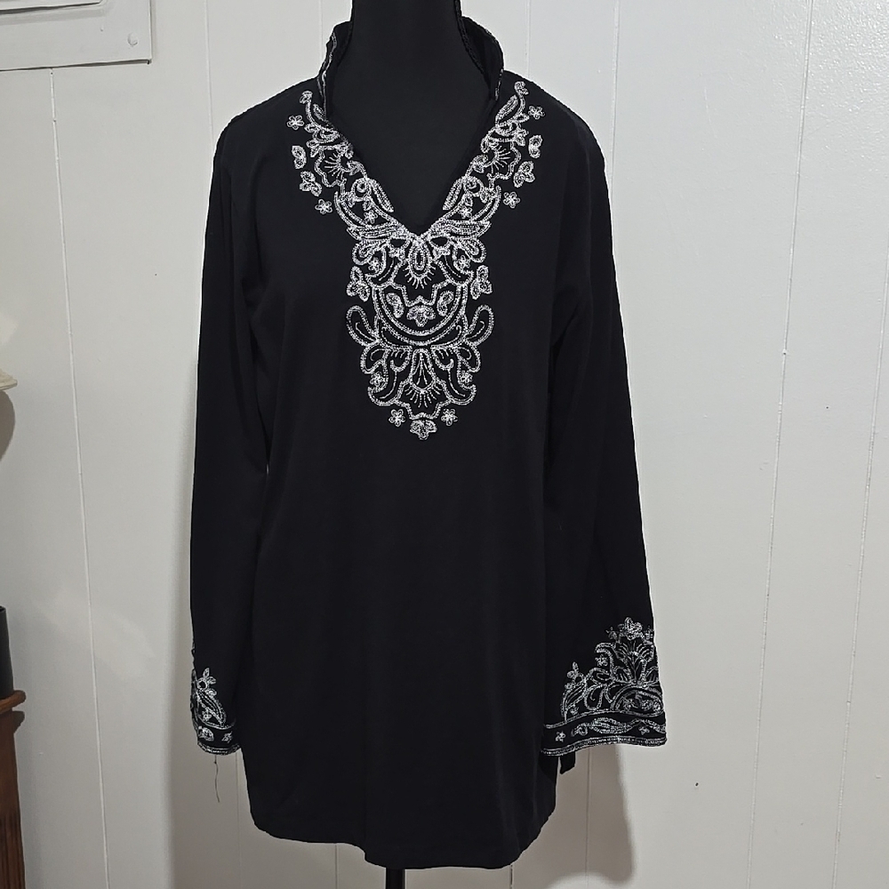 Decorated Original Black and Silver Long Sleeve Tunic With Mandarin Collar XL
